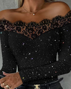 Glittery Off-Shoulder Top with Eyelash Lace Accents