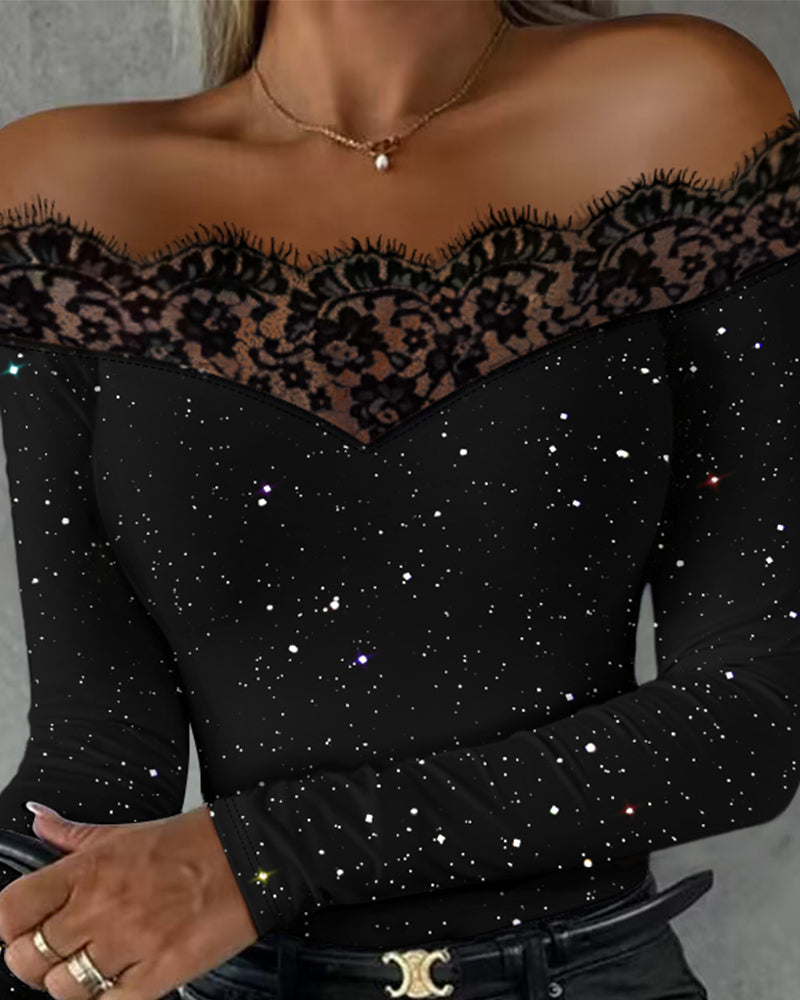 Glittery Off-Shoulder Top with Eyelash Lace Accents