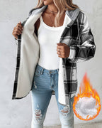 Hooded Plaid Shacket with Long Sleeves and Fleece Lining