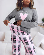 "Sweet Dreams" Heart Print Top with Plaid Pajamas, 2-Piece Set