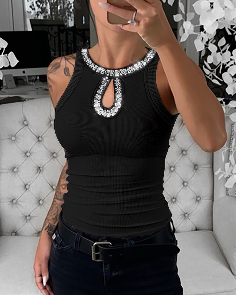 Rhinestone-Embellished Tank with Keyhole Neck and Sequin Details