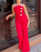 Asymmetrical Strapless Overalls with Metal Button Accents