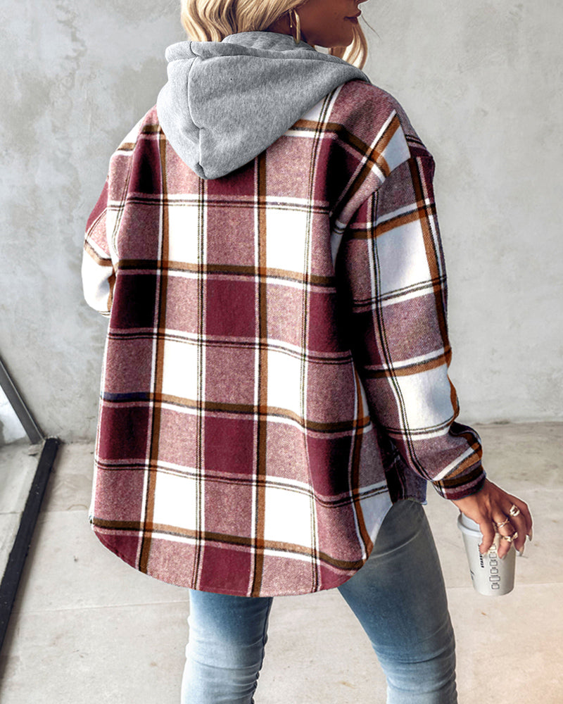 Hooded Plaid Shacket with Long Sleeves and Fleece Lining