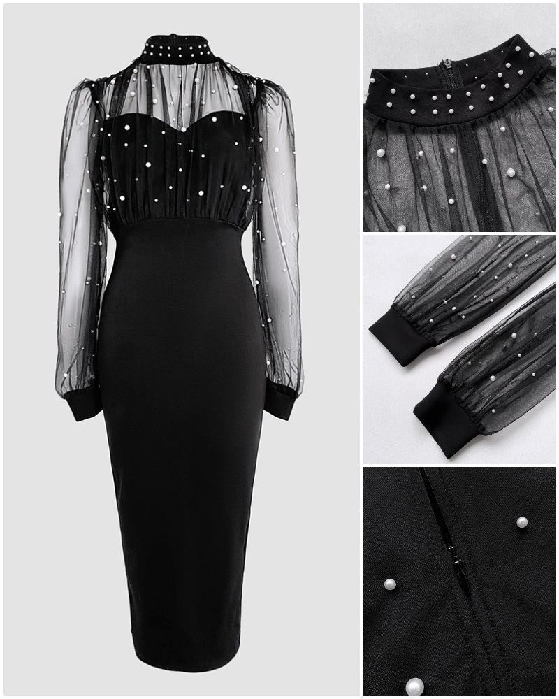 Mock Neck Beaded Mesh Bodycon Dress with Rear Zipper