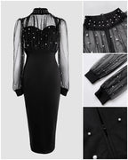 Mock Neck Beaded Mesh Bodycon Dress with Rear Zipper