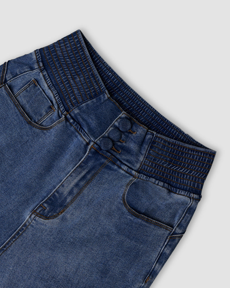 CurveEase High-Waisted Flared Skinny Jeans with Button Detail