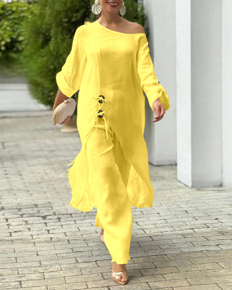 One-Shoulder Top with Coordinating Wide-Leg Pants Set