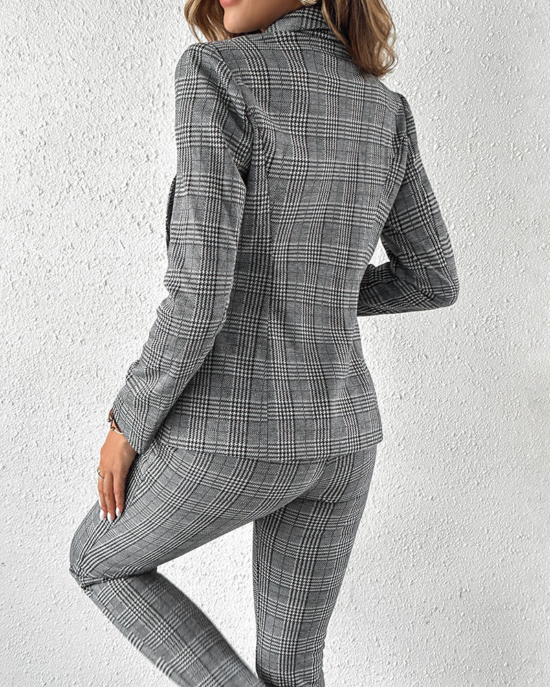 2-Piece Plaid Blazer with Notched Collar and Drawstring Pants Set