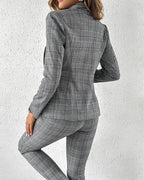 2-Piece Plaid Blazer with Notched Collar and Drawstring Pants Set