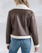 Faux Leather Shearling-Trimmed Zip-Up Thermal Biker Jacket
