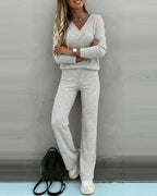2-Piece V-Neck Button Top and Straight Leg Casual Pants Set