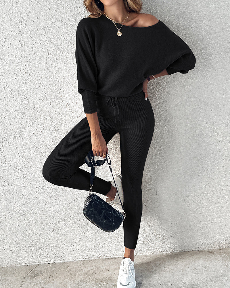 Skew Neck Pullover with High-Waist Drawstring Pants Set