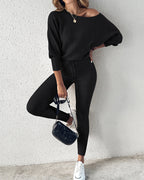 Skew Neck Pullover with High-Waist Drawstring Pants Set