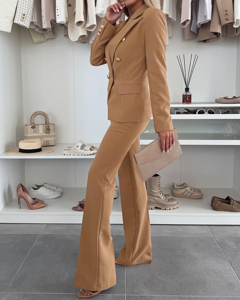 2-Piece Notched Collar Coat with Slim Fit Flared Pants Set