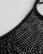 Sheer Mesh-Back Rhinestone Halter Tee with Cowl Neck