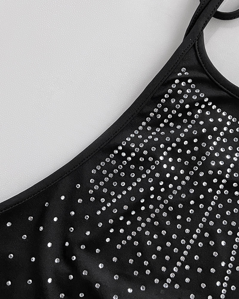 Sheer Mesh-Back Rhinestone Halter Tee with Cowl Neck