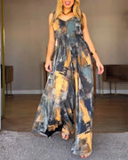 "Abstract Oil Print V-Neck Wide Leg High Waist Jumpsuit"