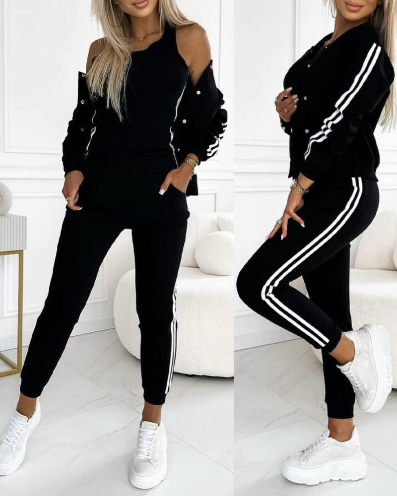 3-Piece Tracksuit with Snap-Button Coat, Striped Pants, and Tank