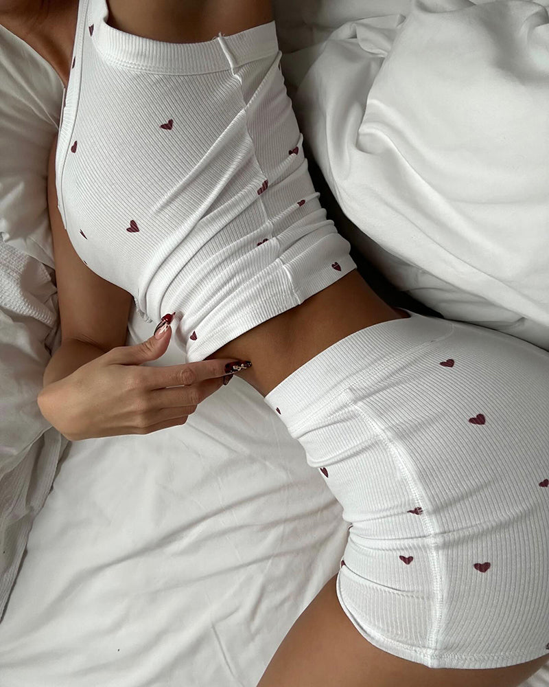 2-Piece Heart Pattern Ribbed Tank Top & Shorts Sleep Set