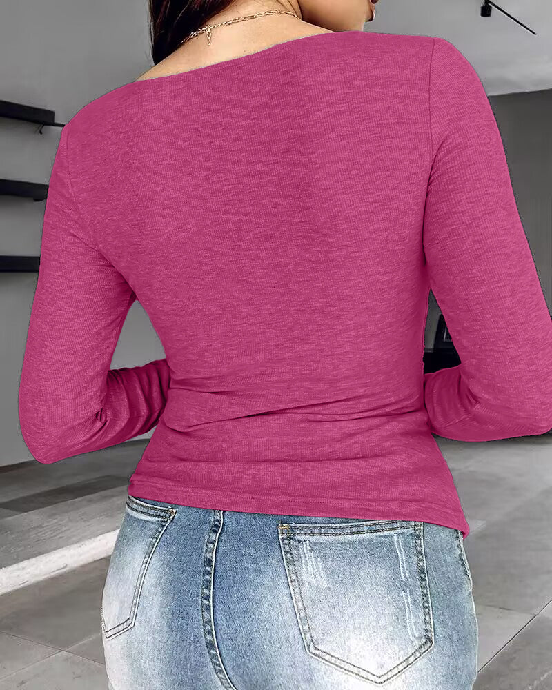Rib Knit Notch Neck Long Sleeve Top with Built-In Bra