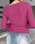 Rib Knit Notch Neck Long Sleeve Top with Built-In Bra