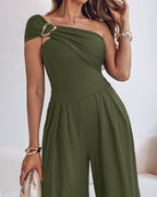 Buckled Cold Shoulder Ruched Wide-Leg Fashion Jumpsuit