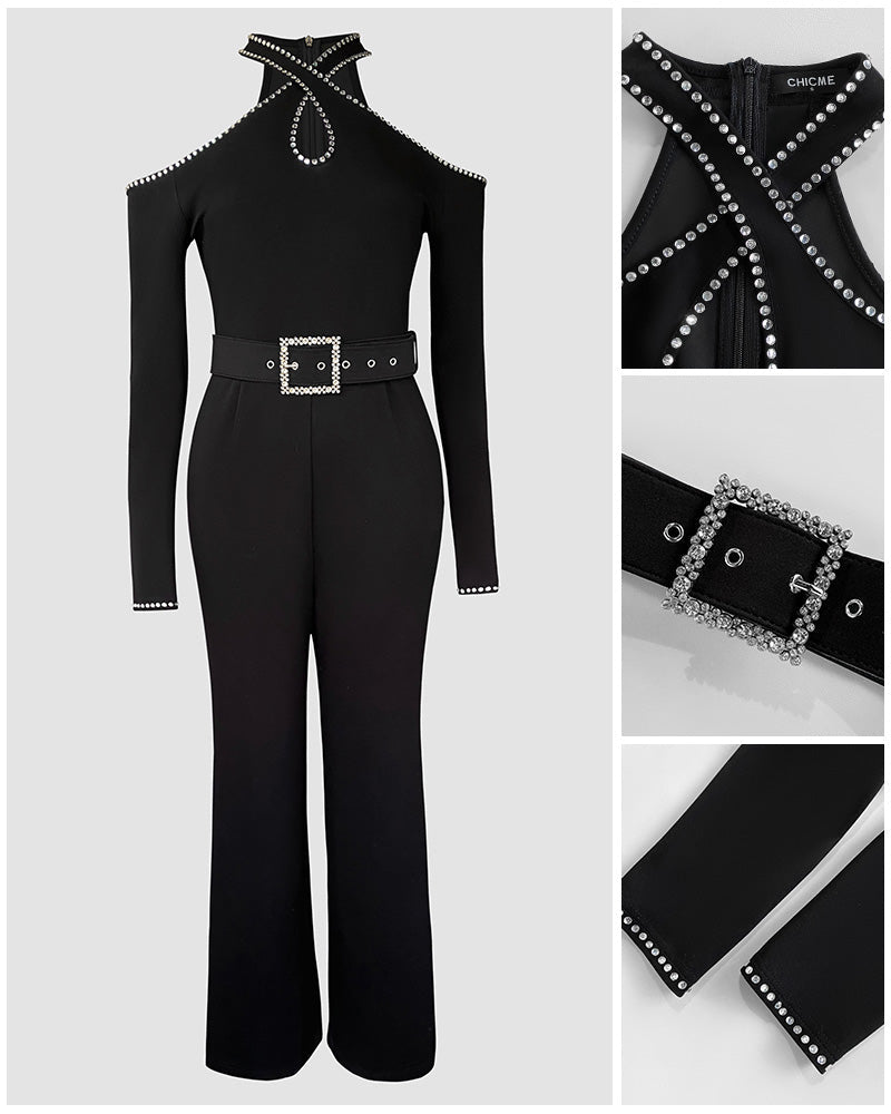 Cold Shoulder Rhinestone Halter Jumpsuit with Zipper Back