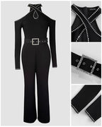 Cold Shoulder Rhinestone Halter Jumpsuit with Zipper Back