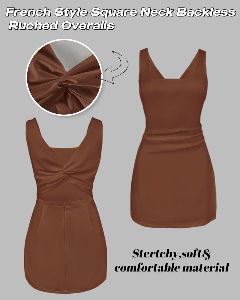 French-Inspired Square Neck Backless Slit Skort Romper with Zipper