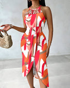 Colorblock Criss Cross Halter with Ruched Tie Vacation Dress
