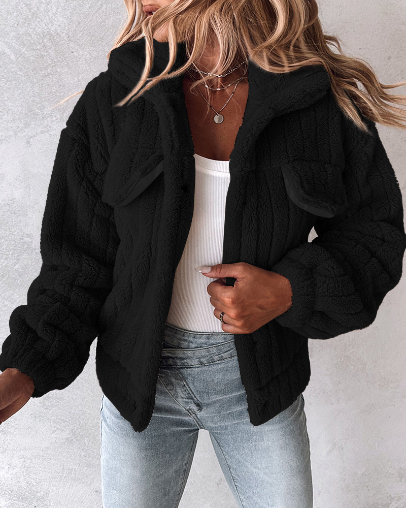 Striped Teddy Fleece Jacket with Buttons and Flap Pockets