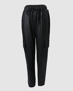 Drawstring PU Leather Pants with Elastic Waist, Cuffs, and Pocket