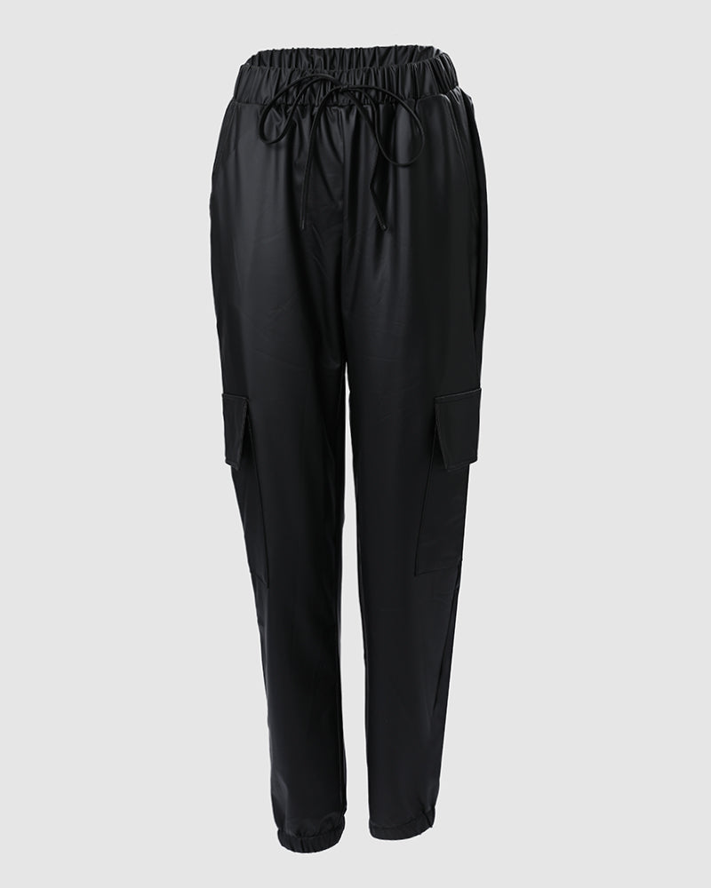 Drawstring PU Leather Pants with Elastic Waist, Cuffs, and Pocket
