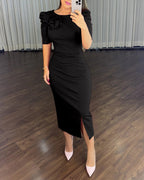 3D Floral Ruched Bodycon Dress with Puff Sleeves and Slit