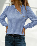Asymmetrical Button Detail Ribbed V-Neck Long Sleeve Knit Tee