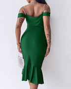 Pearl-Strap Cowl Neck Bodycon Dress with Ruffled Hem