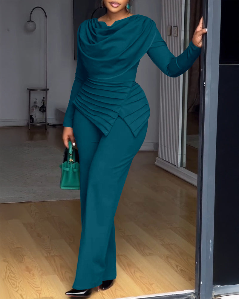 Cowl Neck Asymmetrical Cinched Waist Wide Leg Zippered Jumpsuit