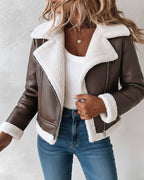 Faux Leather Shearling-Trimmed Zip-Up Thermal Biker Jacket