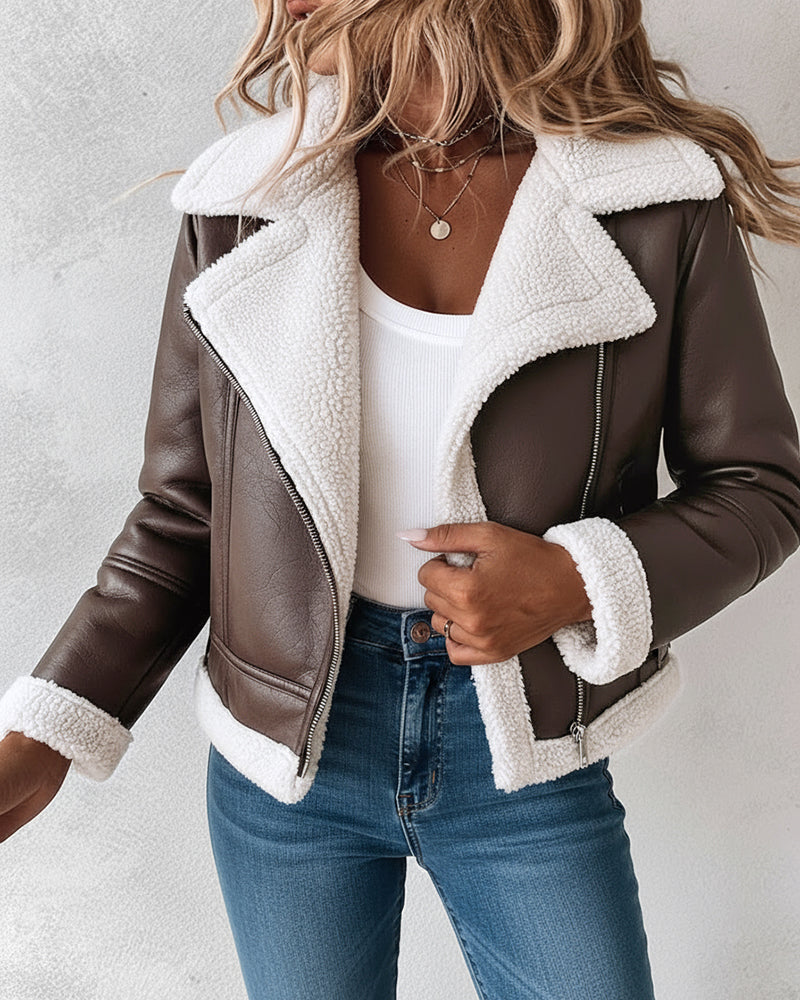 Faux Leather Shearling-Trimmed Zip-Up Thermal Biker Jacket