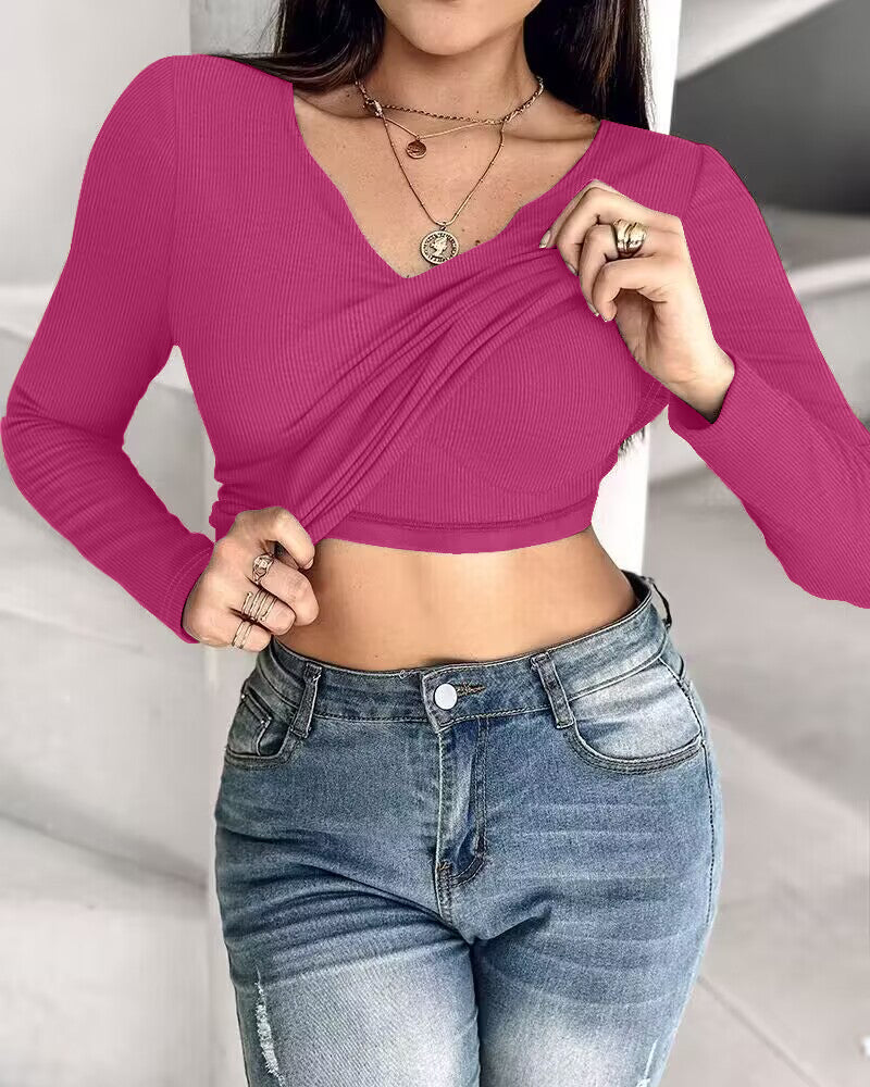 Rib Knit Notch Neck Long Sleeve Top with Built-In Bra