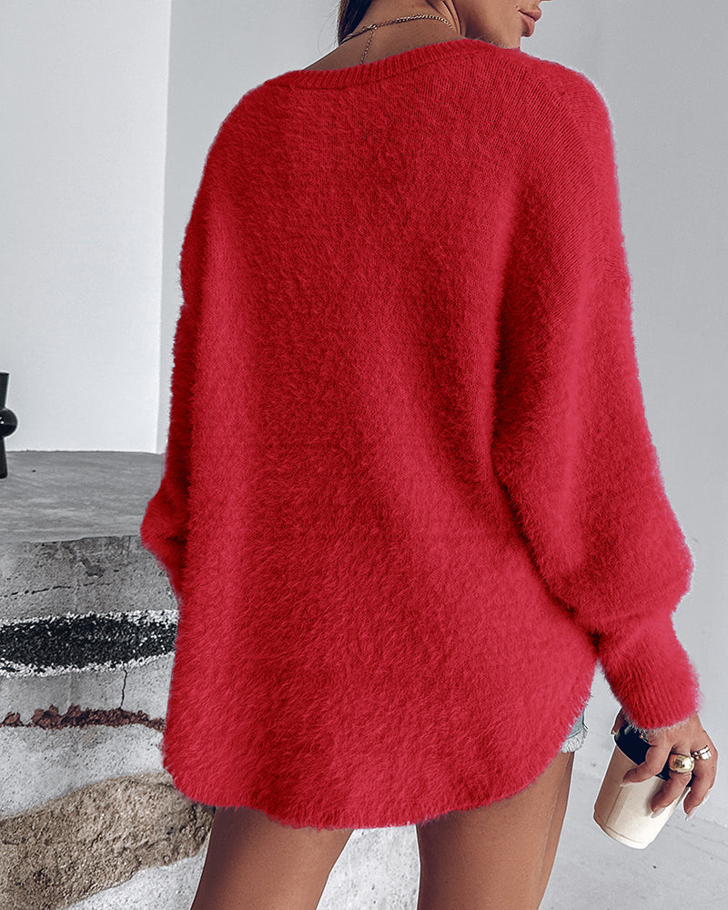 V-Neck Beaded Long Sleeve Fluffy Oversized Pullover Sweater