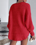 V-Neck Beaded Long Sleeve Fluffy Oversized Pullover Sweater