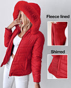 Fuzzy Trim Hooded Puffer Jacket with Shirred Zipper Pockets