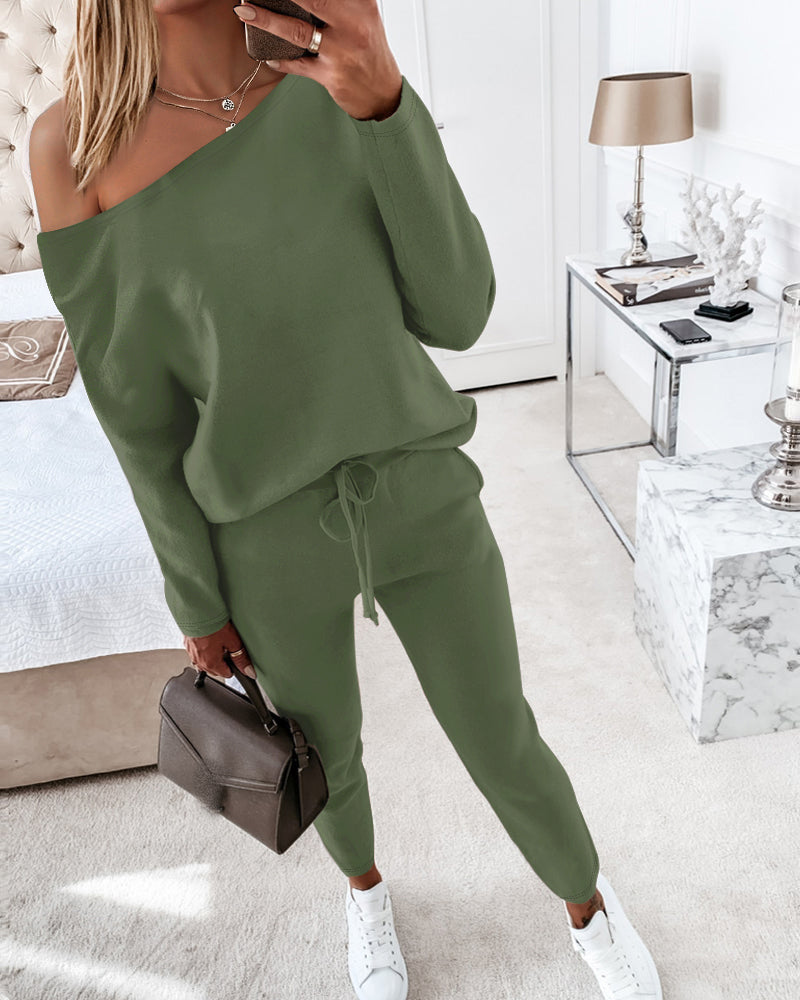 2-Piece Asymmetrical Neck Sweater and Drawstring Slim-Fit Pants Set