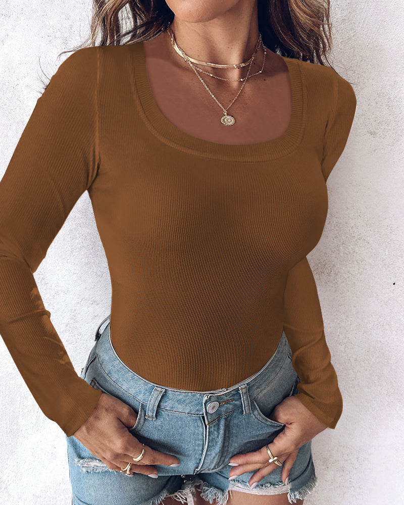 U-Neck Long-Sleeve Ribbed Top Featuring Integrated Bra Support