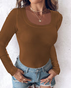 U-Neck Long Sleeve Ribbed Top with Built-In Bra