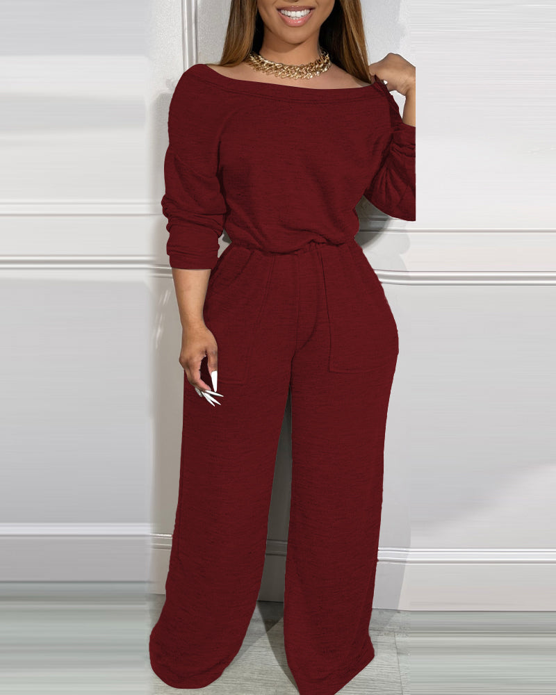 Off-Shoulder Jumpsuit with Elastic Waist, Pockets, and V-Back Design