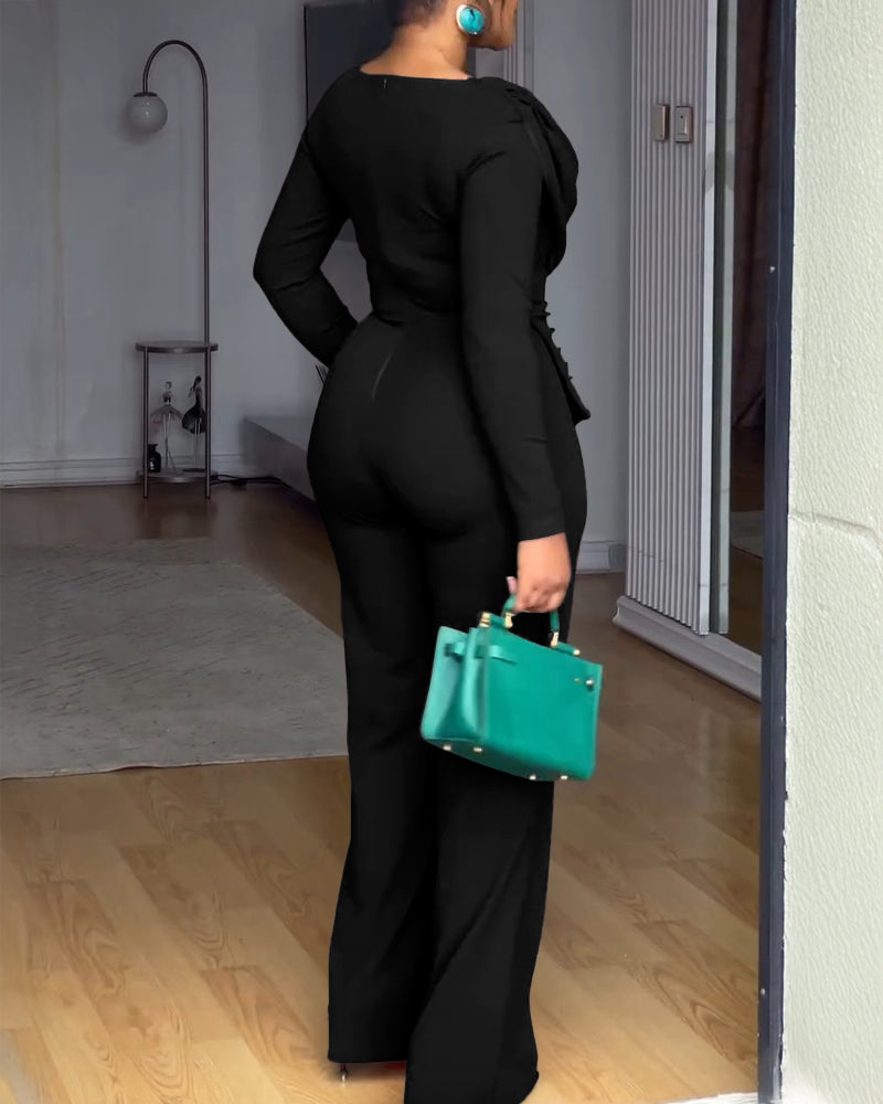 Cowl Neck Asymmetrical Cinched Waist Wide Leg Zippered Jumpsuit