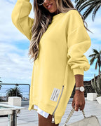 Drop Shoulder Zip-Side Long Sleeve Pullover with Slit Detail.