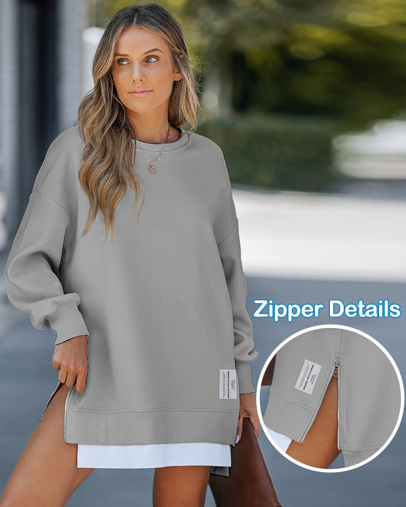 Drop Shoulder Zip-Side Long Sleeve Pullover with Slit Detail.